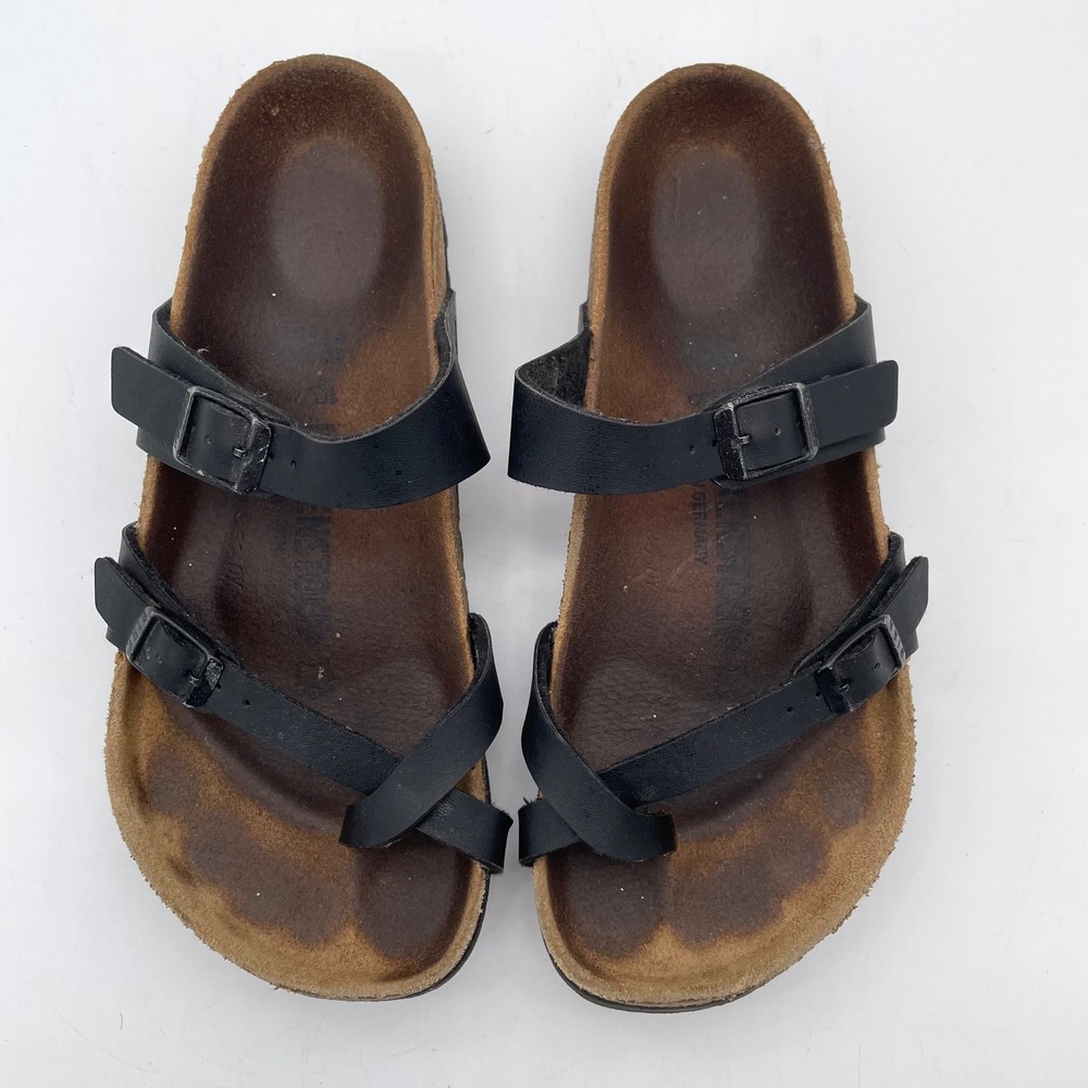 Birkenstock Mayari Sandals Leather Womens 38 Black Good Toe Loop Slide